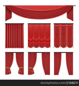 Red curtains set in classic style isolated on white background.. Red curtains set in classic style isolated on white background. Realistic 3d Luxury vector illustration.