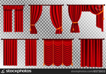 Red curtains set of different kinds and shapes on transparent background. Luxury scarlet silk curtains and draperies. Theatre decorations isolated vector illustration in realistic style. Red Curtains Set. Theater Curtain Illustration