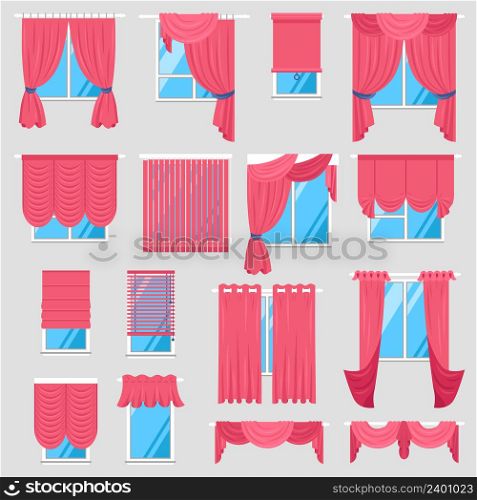 Red curtains set of vintage textile models with lambrequin and modern jalousie and roman blind isolated vector illustration . Red Curtains Set