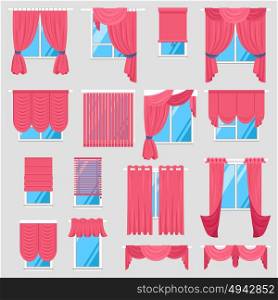 Red Curtains Set. Red curtains set of vintage textile models with lambrequin and modern jalousie and roman blind isolated vector illustration