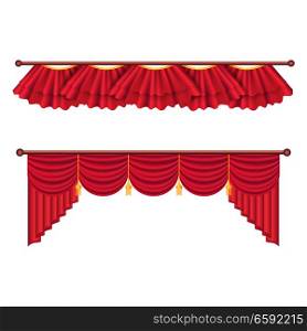 Red Curtains Set. Two theater curtains illustration isolated on white background. Luxury scarlet curtains and draperies. Theatre, banquet and concert hall decorations. Isolated vector illustration.. Red Curtains Set. Luxury Silk Curtain Illustration