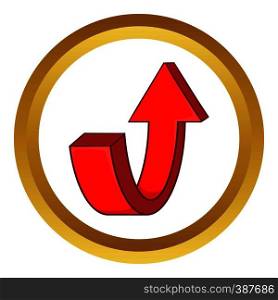 Red curved arrow vector icon in golden circle, cartoon style isolated on white background. Red curved arrow vector icon