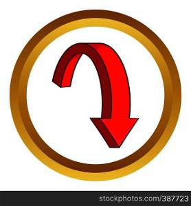 Red curved arrow vector icon in golden circle, cartoon style isolated on white background. Red curved arrow vector icon
