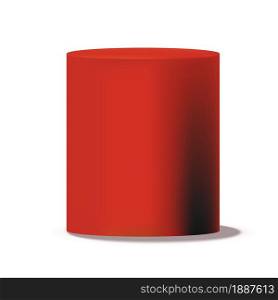 Red cylinder. Circular box solid pillar or stand, empty can mockup with shadows, presentation platform for exhibition, podium box, promo geometric pedestal, vector isolated on white background element. Red cylinder. Circular box solid pillar or stand, empty can mockup with shadows, presentation platform for exhibition, podium box, promo geometric pedestal, vector isolated element