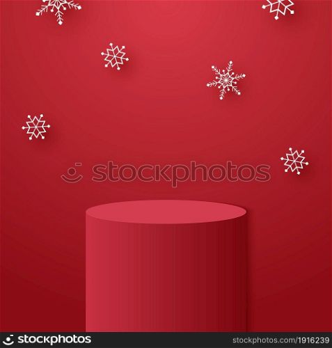 Red cylinder podium with snowflakes falling and template mock up for Christmas event