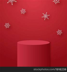 Red cylinder podium with snowflakes falling and template mock up for Christmas event