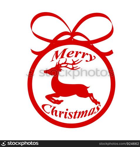 Red decoration ball for christmas tree with reindeer and lettering Merry Christmas, stock vector illustration