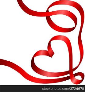 Red decoration ribbon curled in heart shape isolated on white background.
