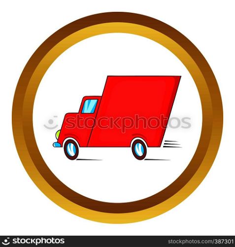 Red delivery car vector icon in golden circle, cartoon style isolated on white background. Red delivery car vector icon