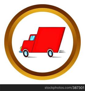 Red delivery car vector icon in golden circle, cartoon style isolated on white background. Red delivery car vector icon