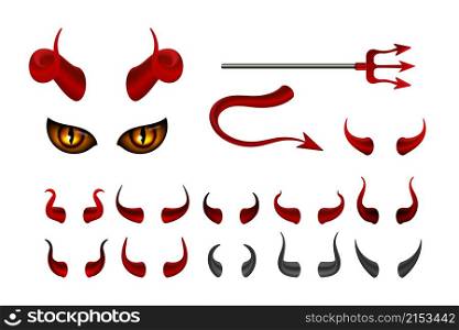 Red devil horn. Satanic horns face with yellow eyes, isolated hell harpoon and tail. Halloween photo booth prop, social media stories stickers or isolated vector. Illustration devil halloween elements. Red devil horn. Satanic horns face with yellow eyes, isolated hell harpoon and tail. Halloween photo booth props, social media stories stickers or isolated vector elements