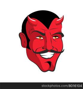 Red devil. Red head Merry demon with horns. Satan with mustache. Mephistopheles in with smile.&#xA;