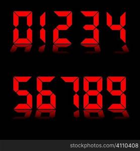 Red digital clock readout with numbers reflected in black background