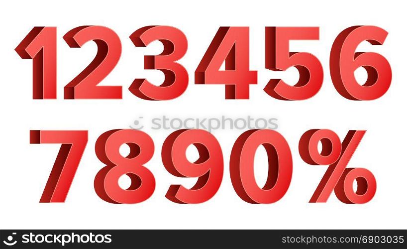 Red Discount Numbers Set Vector. Figures From 0 to 9. Sign Of Percent. Isolated Illustration. 3D Red Discount Numbers Vector. Percent. Numbers From 0 to 9. Percentage Icon Set In 3D Style. Isolated On white Illustration