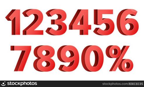 Red Discount Numbers Set Vector. Figures From 0 to 9. Sign Of Percent. Isolated Illustration. 3D Red Discount Numbers Vector. Percent. Numbers From 0 to 9. Percentage Icon Set In 3D Style. Isolated On white Illustration