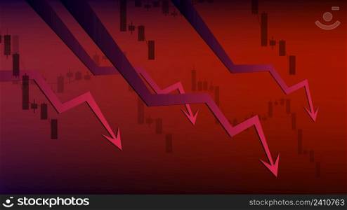 Red down arrows on dark red background. Fall of the economy and global crisis in all sectors. Vector illustration.. Red down arrows on dark red background. Fall of the economy and global crisis in all sectors.