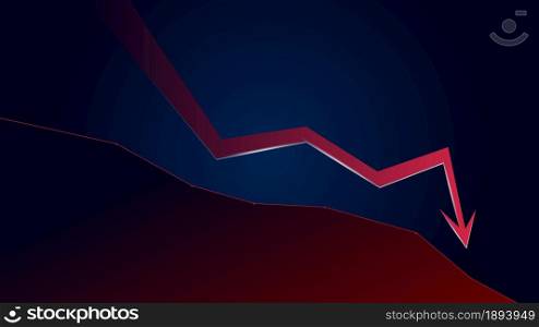 Red downtrend arrow and price falls down with copy space on dark blue background. Trading crisis and crash. Vector illustration.