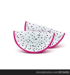 Red dragon fruit, whole fruit and half. Tropical fruits for healthy lifestyle. Realistic 3d Design Element For Web Or Print Packaging. Vector Illustration.
