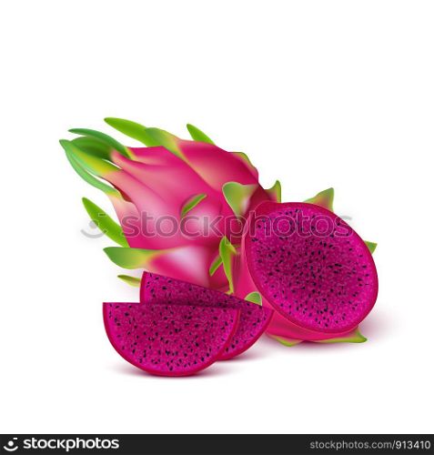 Red dragon fruit, whole fruit and half. Tropical fruits for healthy lifestyle. Realistic 3d Design Element For Web Or Print Packaging. Vector Illustration.