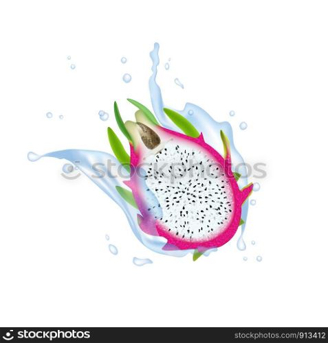 Red dragon fruit, whole fruit and half. Tropical fruits splashing for healthy lifestyle. Realistic Splash 3d Design Element For Web Or Print Packaging. Vector Illustration.