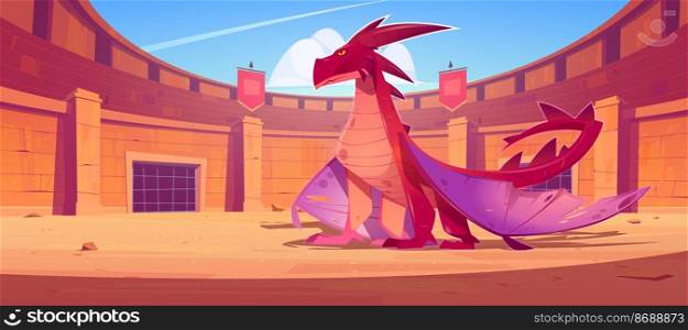 Red dragon on ancient arena for gladiators fight. Vector cartoon fantasy illustration of fighting&hitheater with stone columns, flags and scary magic beast with wings. Red dragon on ancient arena for gladiators fight