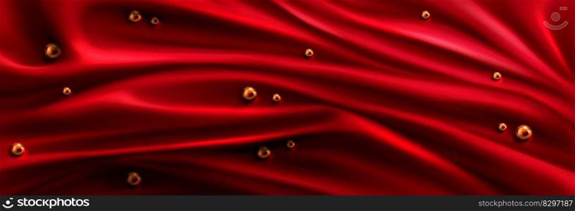 Red drapery silk fabric luxury background. Scarlet abstract satin cloth vector texture pattern. Smooth shiny drape material curtain. Elegant velvet curve motion image realistic horizontal design.. Red silk fabric background, satin cloth texture