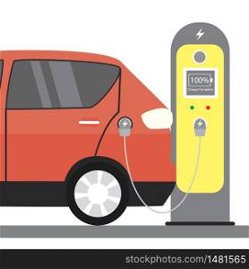 Red electric car and charging station,modern eco transport concept,flat vector illustration. Red electric car and charging station,modern eco transport conce