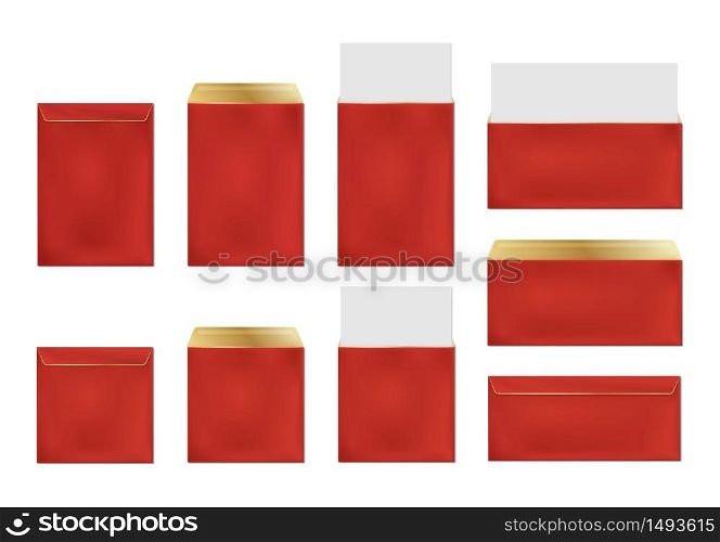 Red envelopes template set. Blank closed and open paper covers, festive letter packages with gold trim, folder with white paper sheet for business docs and messages, Realistic 3d vector mockup. Red envelopes, blank paper covers template set