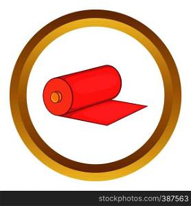 Red fabric roll vector icon in golden circle, cartoon style isolated on white background. Red fabric roll vector icon