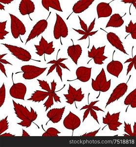 Red falling leaves seamless pattern background. Autumn foliage wallpaper illustration. Print design with vector elements of maple, birch, aspen, elm, poplar. Falling red leaves seamless pattern background