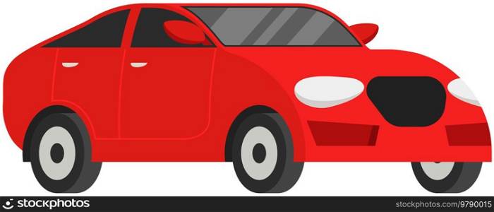 Red family car for driving on road. Transport for traveling and city trips. Flat automobile with isolated white background vector. Modern car design transport and equipment , vehicle sedan side view. Red family car for driving on road. Transport for traveling and city trips, vehicle sedan side view
