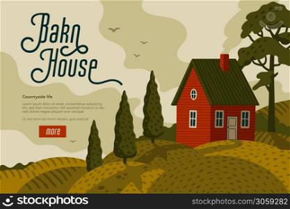 Red farm house. Rural landscape with Barn house in rustic style on green field with cypresses. Vector illustration in flat cartoon style. Red farm house. Rural landscape with Barn house in rustic style on green field with cypresses
