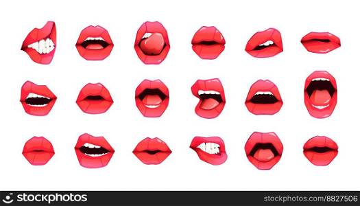 Red female lips. Cartoon woman mouth with different emotions kiss smile tongue out, impudent plump girl lip expressions. Vector colorful set of female mouth cartoon woman illustration. Red female lips. Cartoon woman mouth with different emotions kiss smile tongue out, impudent plump girl lip expressions. Vector colorful set