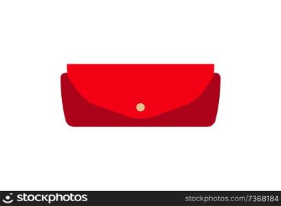 Red female purse with convenient round clasp. Stylish handbag of bright color. Fashionable compact bag for special occasions vector illustration.. Small Female Leather Purse with Convenient Clasp