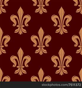 Red festive seamless fleur-de-lis pattern for heraldic design with beige floral ornament of royal victorian lilies . Red floral seamless pattern with fleur-de-lis