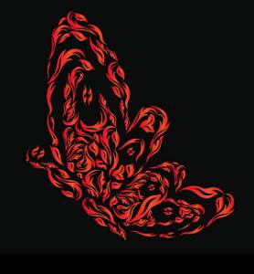 Red fiery butterfly on the black background, hand drawing stylized vector illustration