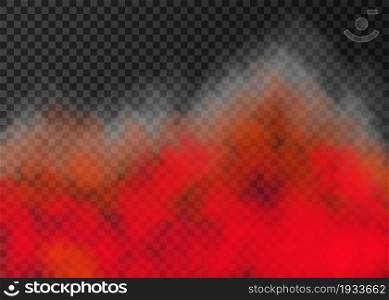 Red fire and white smoke isolated on transparent background. Steam special effect. Realistic colorful vector fire fog or mist texture.