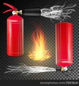 Red Fire Extinguisher Vector. Fire Flame Sign And Metal Red Fire Extinguisher. Transparent Background. Fire Extinguisher Vector. Sign 3D Realistic Fire Flame And Red Fire Extinguisher. Transparent Background Illustration
