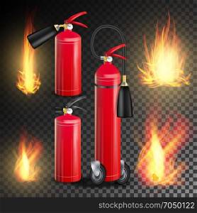 Red Fire Extinguisher Vector. Fire Flame Sign. Isolated On Transparent Background Illustration. Fire Extinguisher Vector. Burning Fire Flame And Metal Glossiness 3D Realistic Red Fire Extinguisher. Transparent Illustration