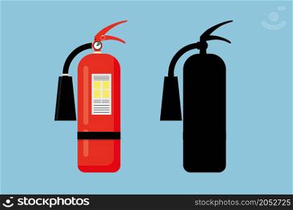Red fire extinguisher with black silhouette,firefighter equipment, isolated on blue background,flat vector illustration