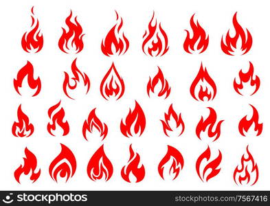 Red fire icons and pictograms set isolated on white background