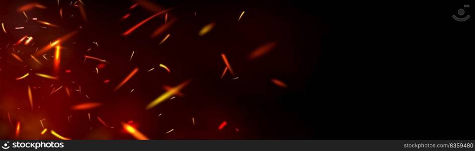 Red fire sparks overlay effect on black background. Burning c&fire flame with ember particles flying in air at night. Abstract magic glow, energy blaze and shine Realistic 3d vector illustration. Red fire sparks overlay effect on black background