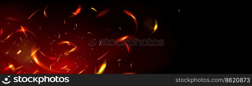 Red fire sparks overlay effect on black background. Burning campfire flame with ember particles flying in air at night. Abstract magic glow, energy blaze and shine Realistic 3d vector illustration. Red fire sparks overlay effect on black background