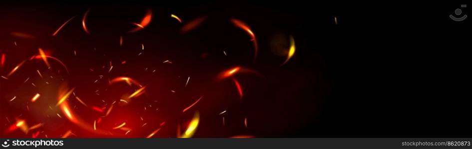Red fire sparks overlay effect on black background. Burning campfire flame with ember particles flying in air at night. Abstract magic glow, energy blaze and shine Realistic 3d vector illustration. Red fire sparks overlay effect on black background