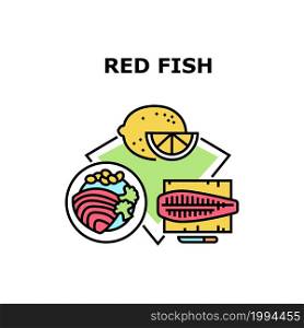 Red Fish Meat Vector Icon Concept. Red Fish Meat Fillet Preparing On Kitchen Wooden Desk For Cooking Delicious Dish With Broccoli And Beans Vegetables Spiced Lemon Citrus Color Illustration. Red Fish Meat Vector Concept Color Illustration