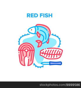 Red Fish Meat Vector Icon Concept. Red Fish Salmon Sliced With Knife Fillet And Steak Marine Meal. Delicious Delicacy Healthy Diet Seafood Piece And Kitchen Utensil Color Illustration. Red Fish Meat Vector Concept Color Illustration