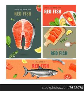 Red fish realistic banners set of living fish and dish made from salmon isolated vector illustration
