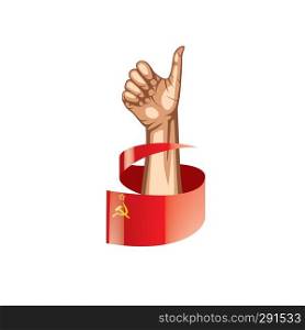 Red flag and hand on white background. Vector illustration.. Red flag and hand on white background. Vector illustration