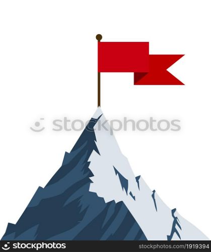 Red flag on mountain peak. Successfull mission icon business concept. Symbol of victory, winning. Vector illustration in flat style. Red flag on mountain peak.