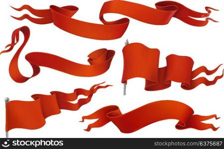 Red flags and ribbons. Vintage 3d vector icon set